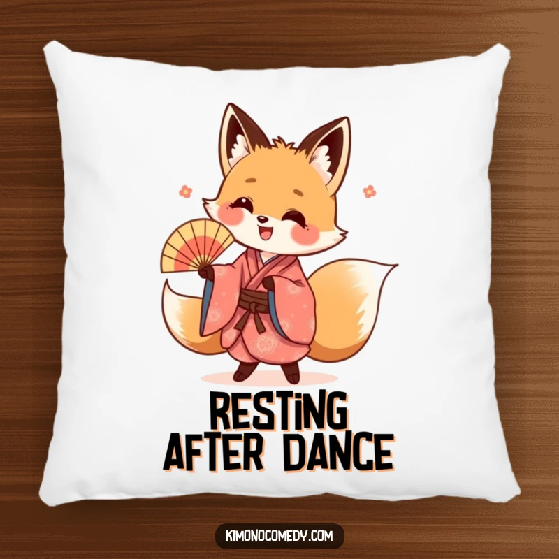 Funny kawaii fox pillow, depicting a fox in a vibrant kimono performing an energetic fan dance, offering comfort and style.