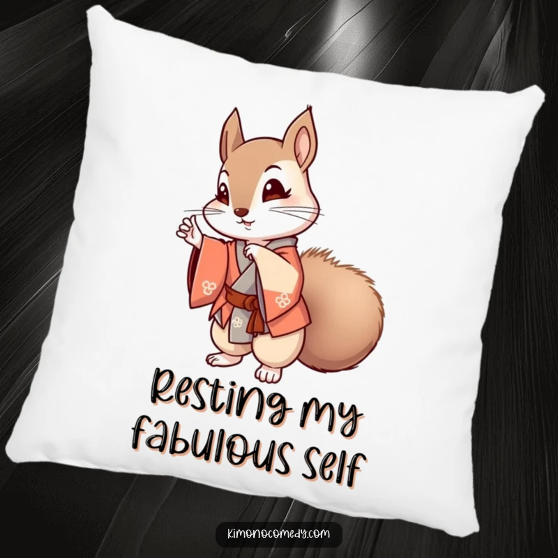 Funny kawaii squirrel striking a pose in a stylish kimono on a plush pillow, offering humorous anime-inspired comfort.