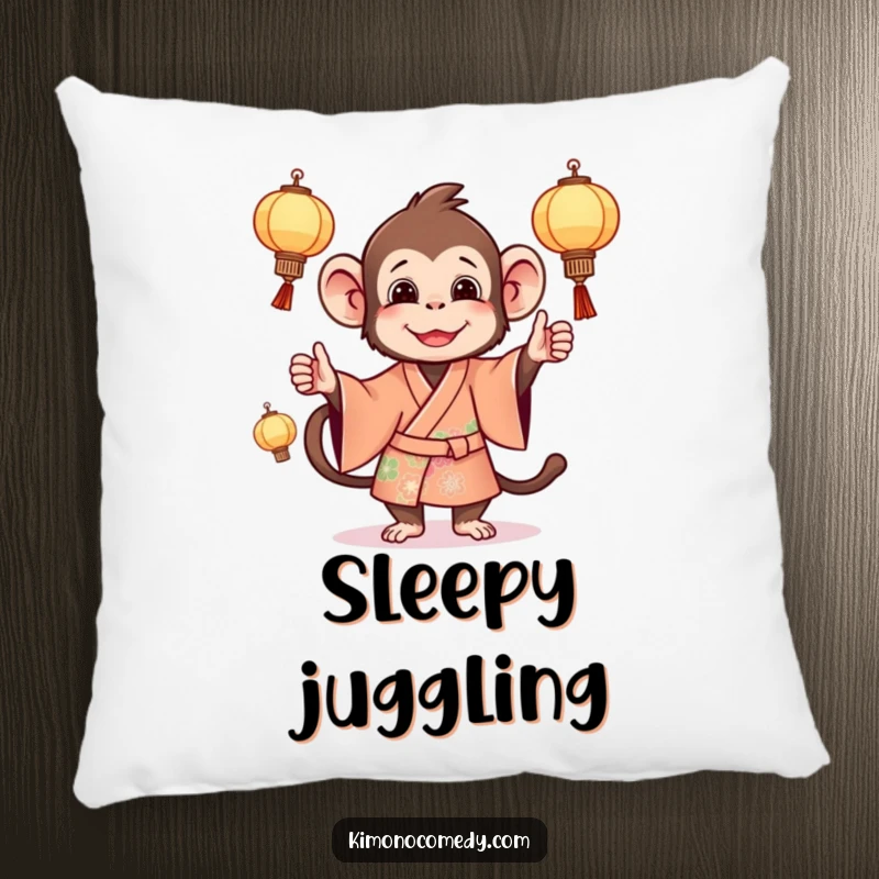 Funny monkey pillow featuring a mischievous primate in a bright kimono, juggling miniature lanterns, perfect for decor.