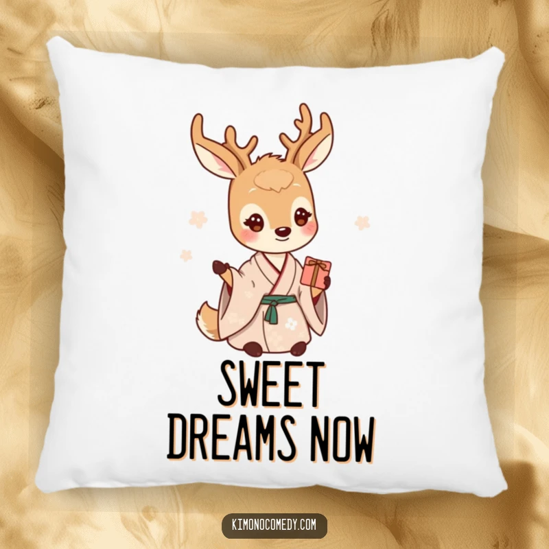 Funny deer pillow featuring a gentle creature in a serene kimono, offering a small gift with a warm smile.
