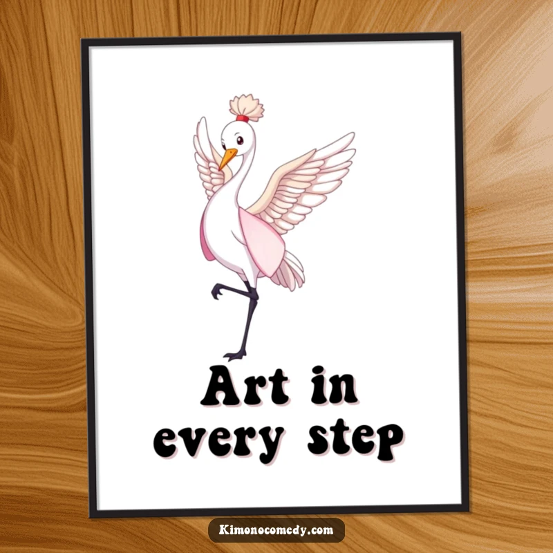 Funny crane in a flowing kimono dancing gently, digital illustration, printable wall art, humorous gift for art lovers.