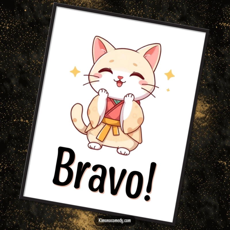 Funny Kawaii cat in a silk kimono clapping paws enthusiastically, high-resolution digital art print for instant humorous decor.