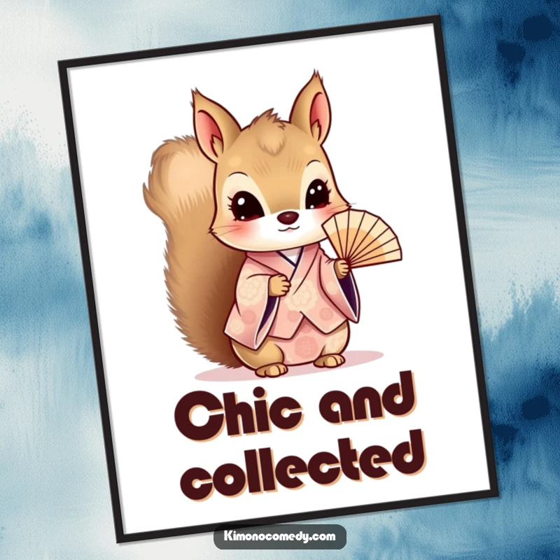 Funny Kawaii Squirrel Digital Art: Curious character in a patterned kimono, holding a delicate fan, perfect for instant download wall art.