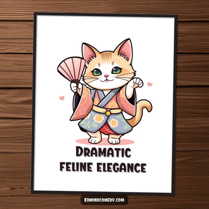 Funny digital art print of a cat in a colorful kimono performing a dramatic fan dance, offering instant artistic elegance and humor.