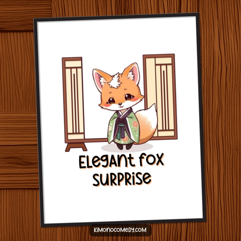 Funny digital art print of a fox in an elegant kimono playfully peeking from behind a paper screen, offering instant mysterious humor.