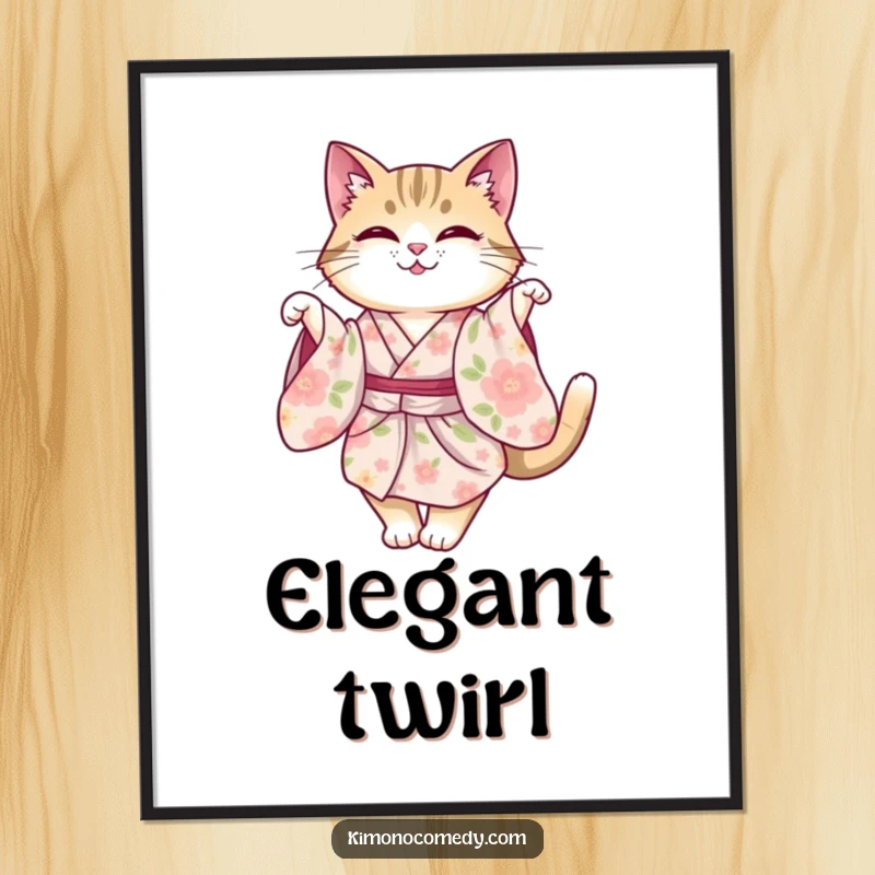 Funny cat in a floral kimono, captured in a moment of graceful, elegant twirling. High-quality digital art.