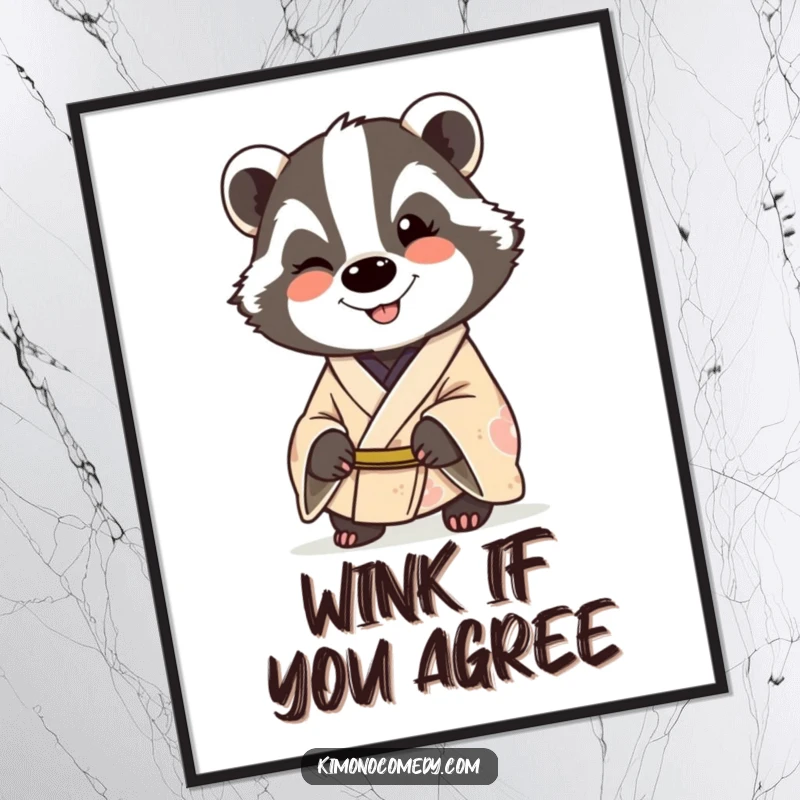 Funny badger in a kimono, smiling and winking, as a digital art print, offering instant humorous and cheeky wall decor.