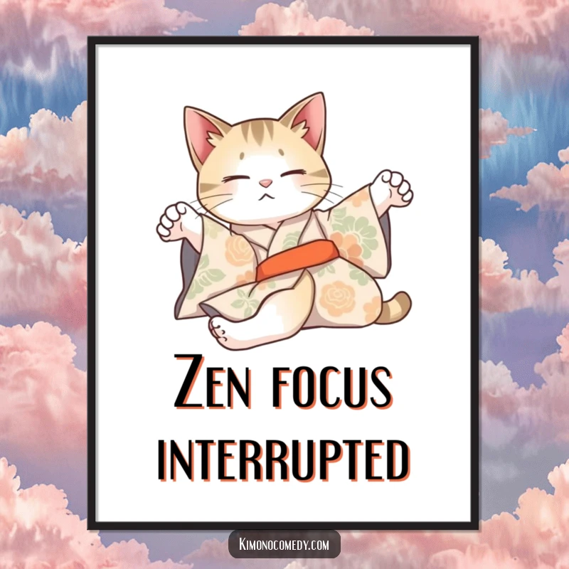 Funny digital art print of an artistic cat in a patterned kimono, stretching lazily, exuding elegance.