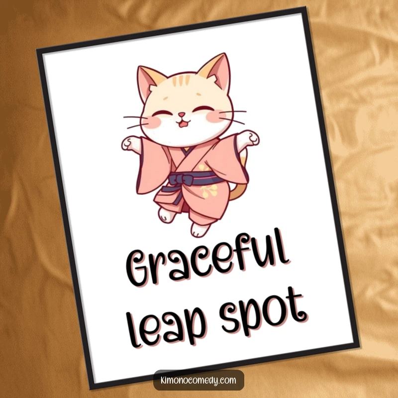 Funny cat leap digital art print of a kawaii cat in elegant kimono attire, gracefully leaping, perfect for artistic wall decor.