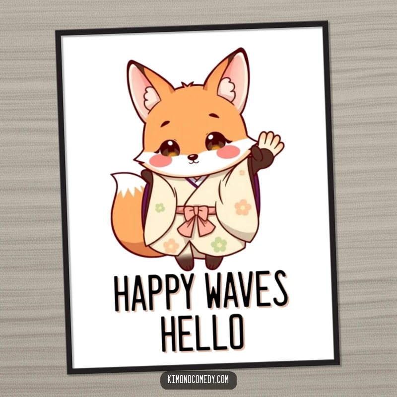 Funny Digital Art: A cheerful fox in a flowing kimono waves happily, offering instant woodland charm and humorous wall decor.