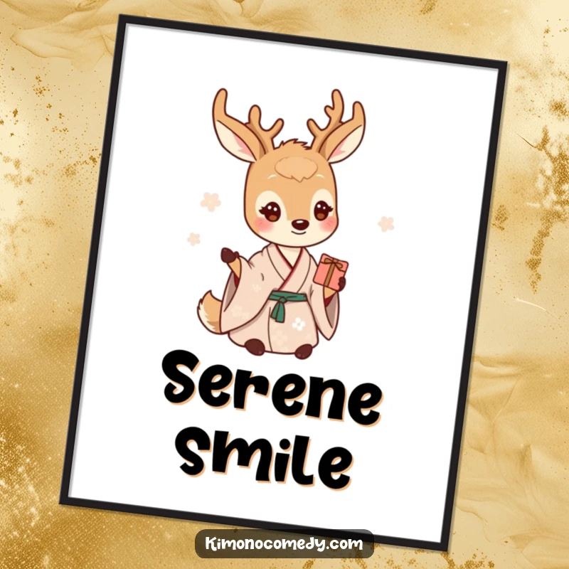 Funny deer digital art print of a gentle creature in a serene kimono, offering a small gift with a smile.