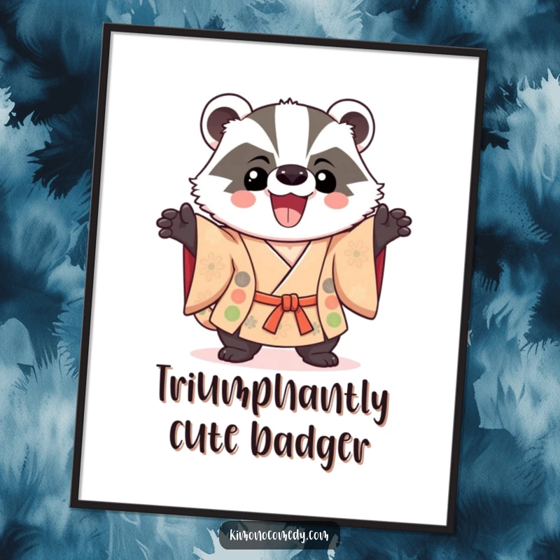 Funny Kawaii Badger Digital Art: A triumphant badger in a kimono strikes a heroic pose, exuding confidence and playful humor in a downloadable format.