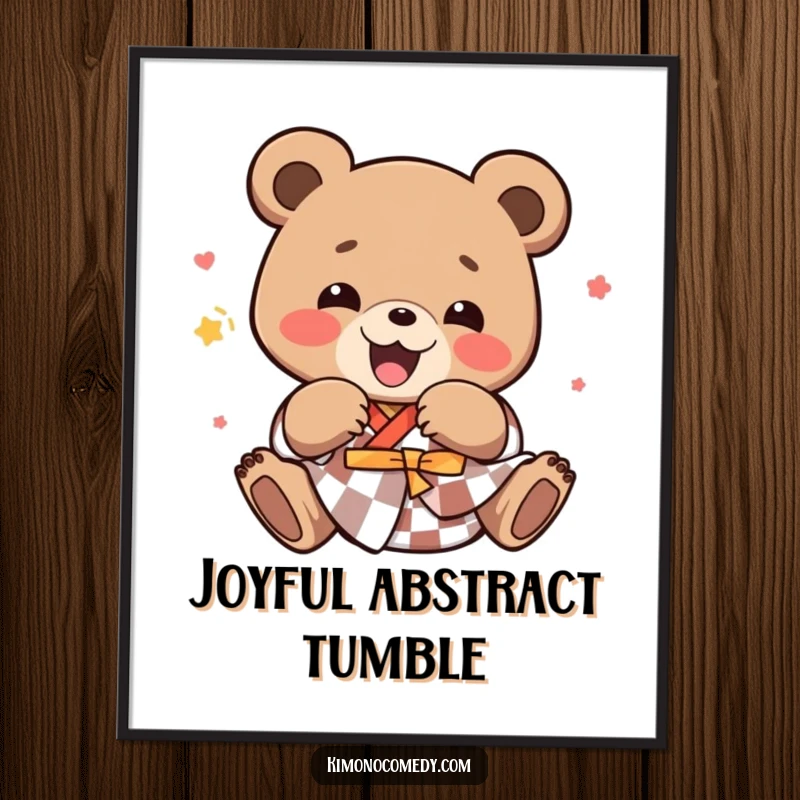 Funny kawaii bear in a checkered kimono, joyfully tumbling, available as a high-resolution digital art print.