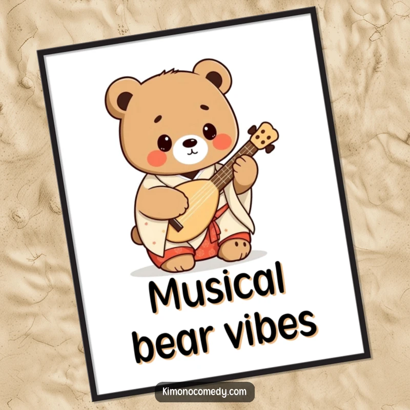 Funny kawaii bear in a kimono playing a shamisen as a digital art print, offering downloadable humorous Japanese-themed decor.