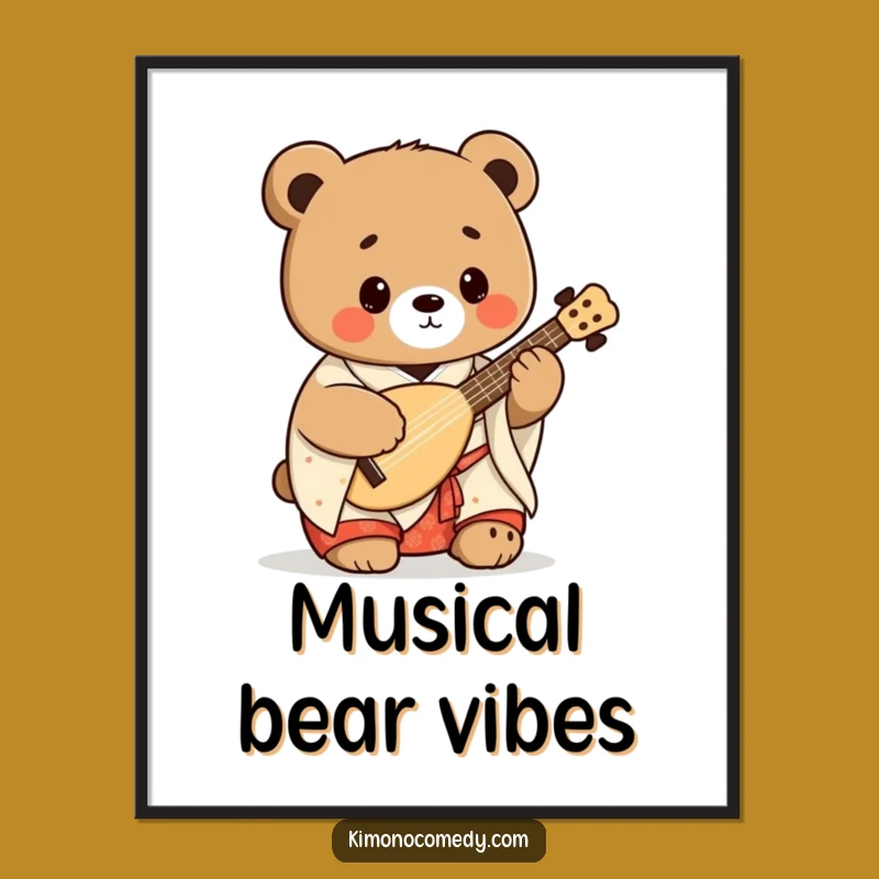 Funny Kawaii Bear Shamisen Digital Art: Instant Japanese Music Decor Gift