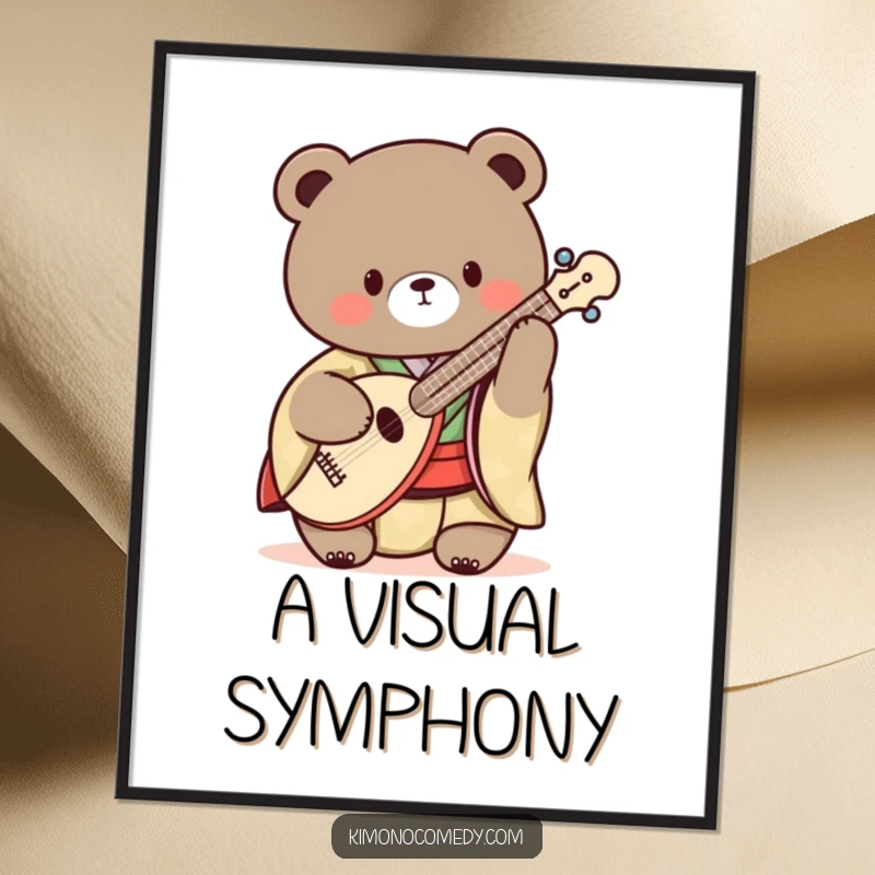 Funny Kawaii Bear Digital Art: A downloadable print of a bear in a kimono playing a shamisen, ideal for music decor.