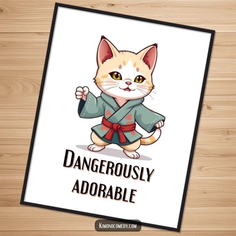 Funny Kawaii Cat Digital Art: Playful character in a colorful kimono, striking a dynamic ninja pose, perfect for instant download decor.