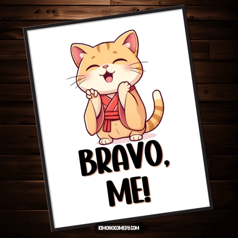 Funny Kawaii cat digital art print, illustration of a cat in a silk kimono clapping paws enthusiastically, downloadable humorous art.