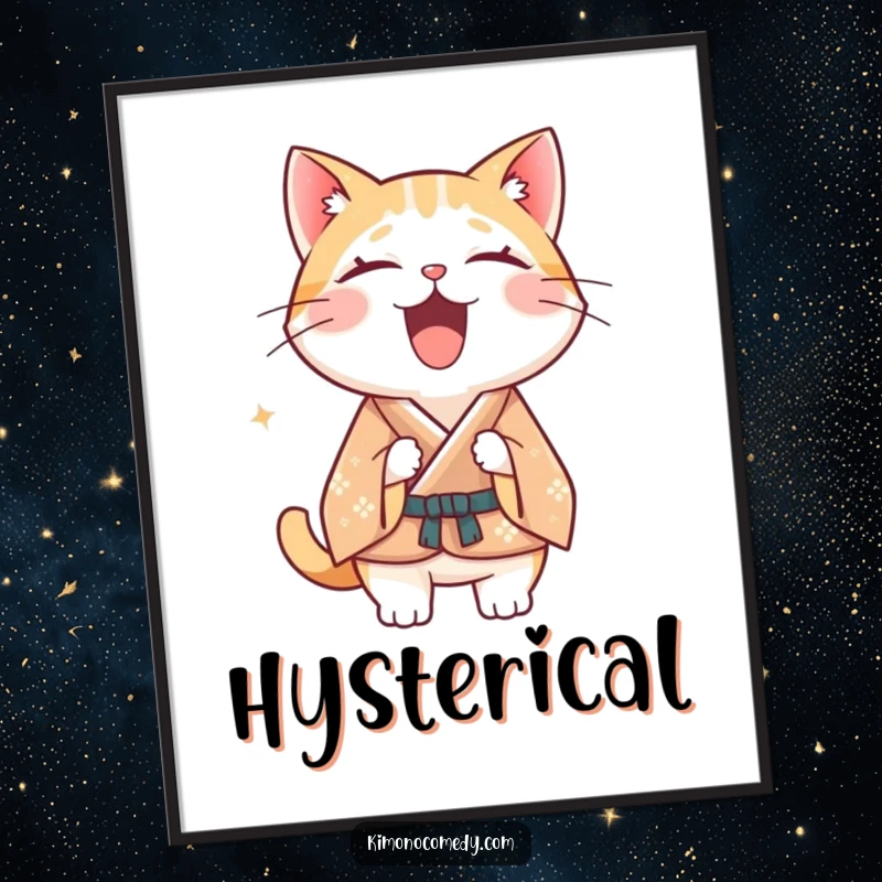 Funny Kawaii cat digital art print, illustration of a cat in a formal kimono laughing heartily, downloadable humorous art.