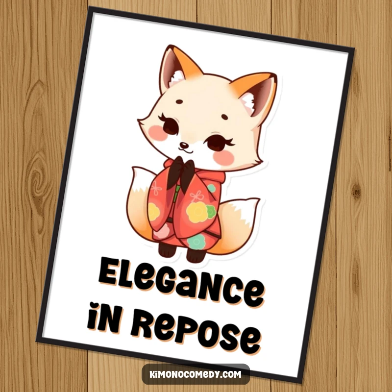 Funny Kawaii fox in a colorful kimono, bowing with a smile, presented as a downloadable digital art print for instant elegance.