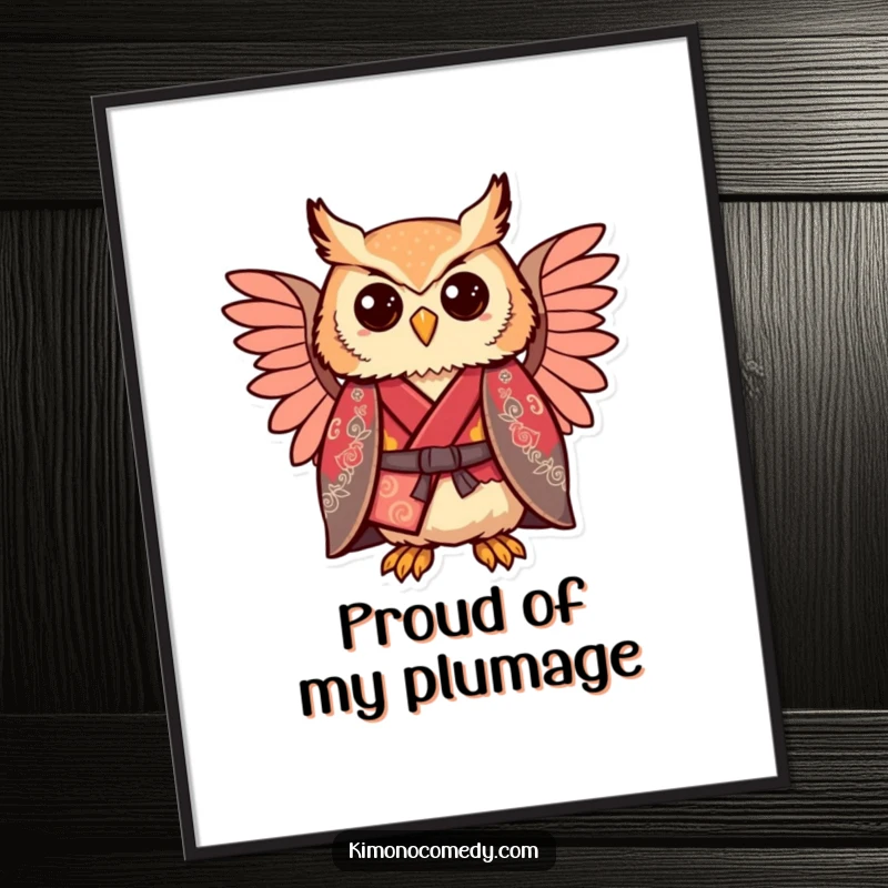 Funny kawaii owl in a regal kimono, comically proud expression, downloadable wall art print.