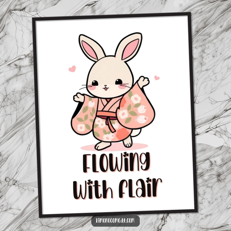 Funny Kawaii rabbit in a floral kimono, dancing gracefully, presented as a downloadable digital art print for instant joy.
