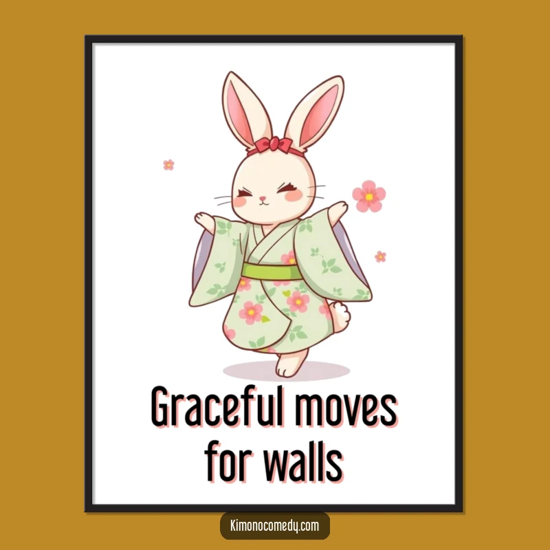 Funny Kawaii Rabbit Dancing Kimono Digital Art: Instant Joyful Decor