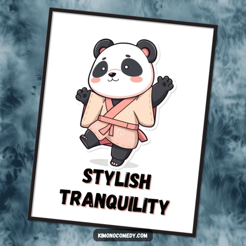 Funny panda digital art print, a panda in a vibrant kimono striking a playful pose with one leg raised, funny gift.
