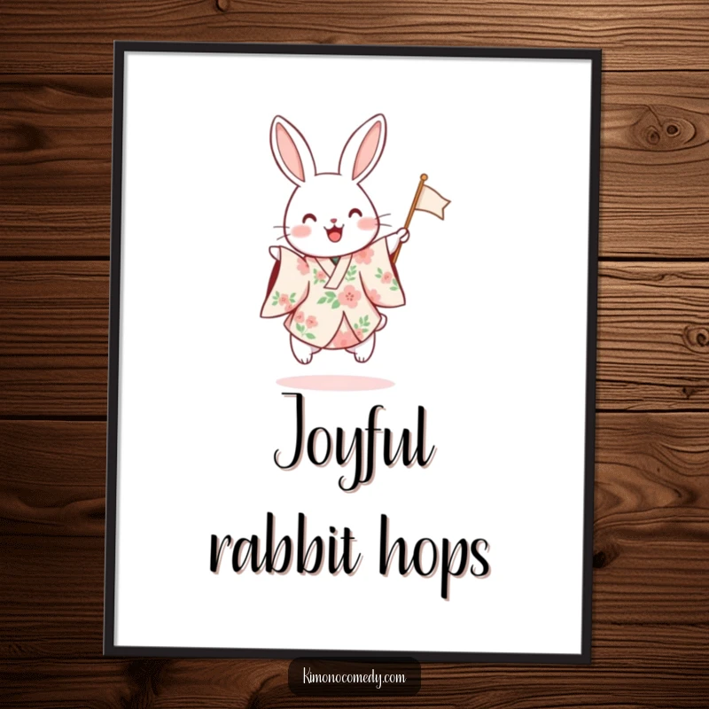 Funny digital art print of a rabbit in a floral kimono hopping excitedly and waving a small flag, offering instant festive humor.