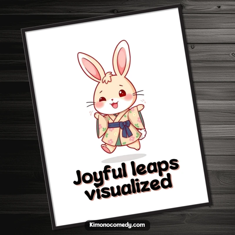 Funny digital art print of a happy rabbit in a floral kimono, captured mid-hop with infectious joy, perfect for instant cheerful home decor.