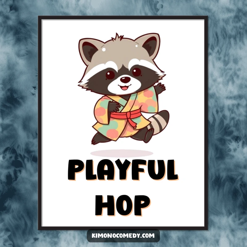 Funny raccoon digital art print of a cheerful bandit in a vibrant kimono, doing an excited hop.