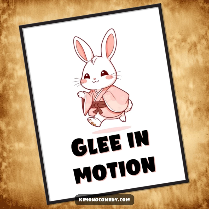 Funny Digital Art: A happy rabbit in a fancy kimono hops with glee, offering instant cute charm and humorous wall decor.