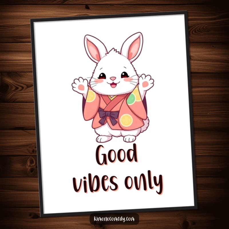 Funny Kawaii Bunny Digital Art: Fluffy character in a vibrant kimono, excitedly waving paws, perfect for instant download and joyful home decor.