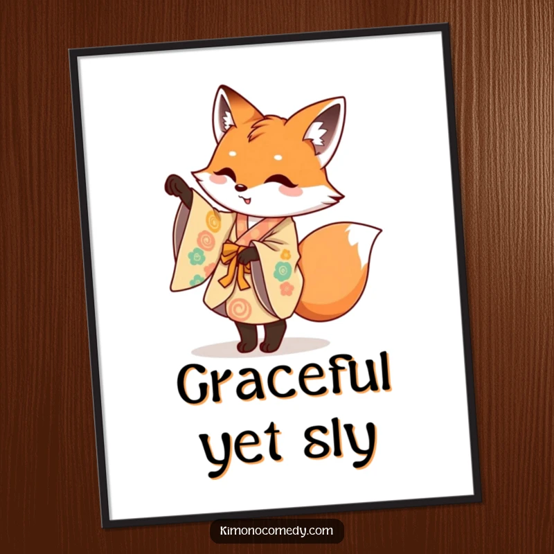 Funny digital art print of a mischievous fox in a colorful kimono doing a playful pirouette, offering instant artistic decor.