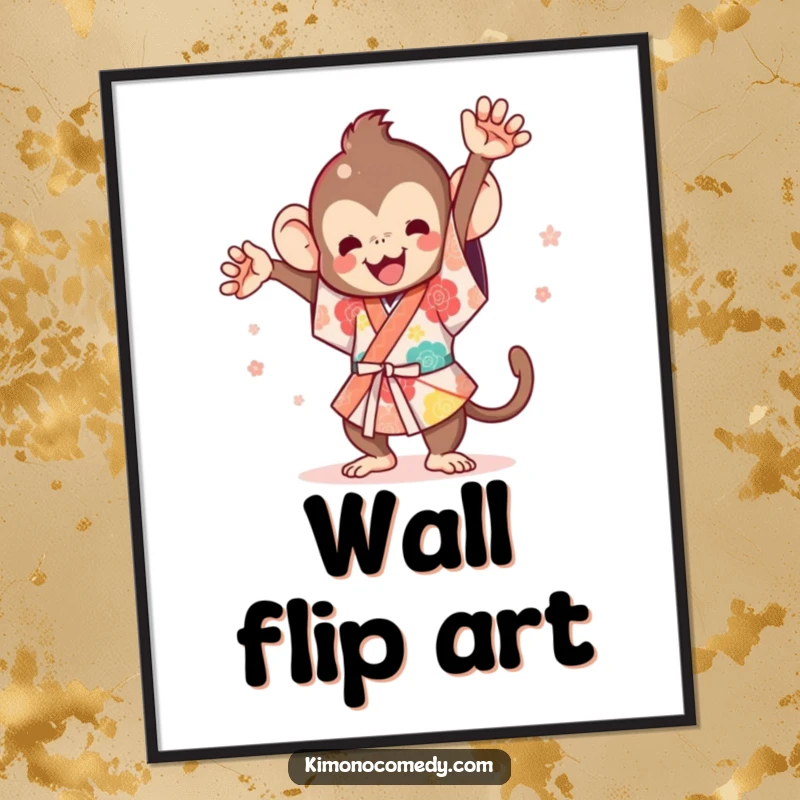 Funny Kawaii Monkey Digital Art: A high-resolution image of a cute monkey in a kimono flipping joyfully.