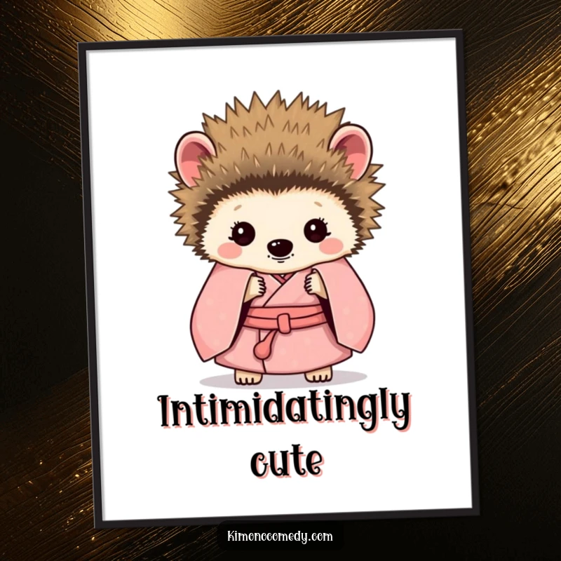 Funny Hedgehog Kimono Digital Art Print: A shy hedgehog in a kimono, peeking from behind quills, instant funny wall decor.