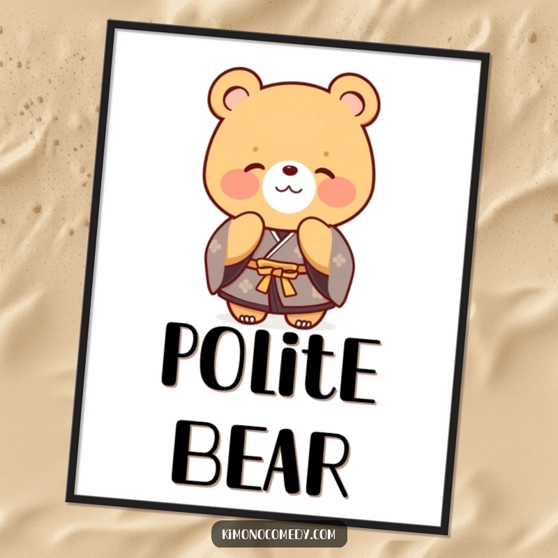 Funny bear in a formal kimono, bowing politely with a warm, inviting smile. High-quality digital art.
