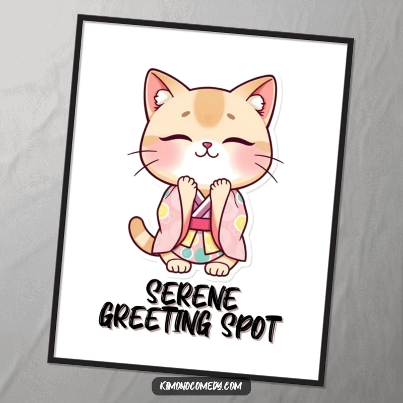 Funny cat kimono digital art print of a kawaii cat in a traditional kimono, bowing deeply with a smile, perfect for wall art.