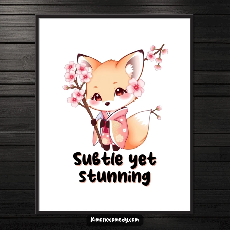 Funny Kawaii Fox Digital Art: Shy character in a beautiful kimono, peeking from behind a cherry blossom, perfect for instant download wall art.