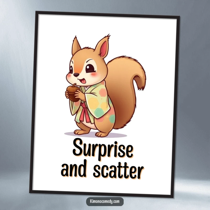 Funny digital art print of a startled kawaii squirrel in a colorful kimono, dropping an acorn, full of humorous surprise.