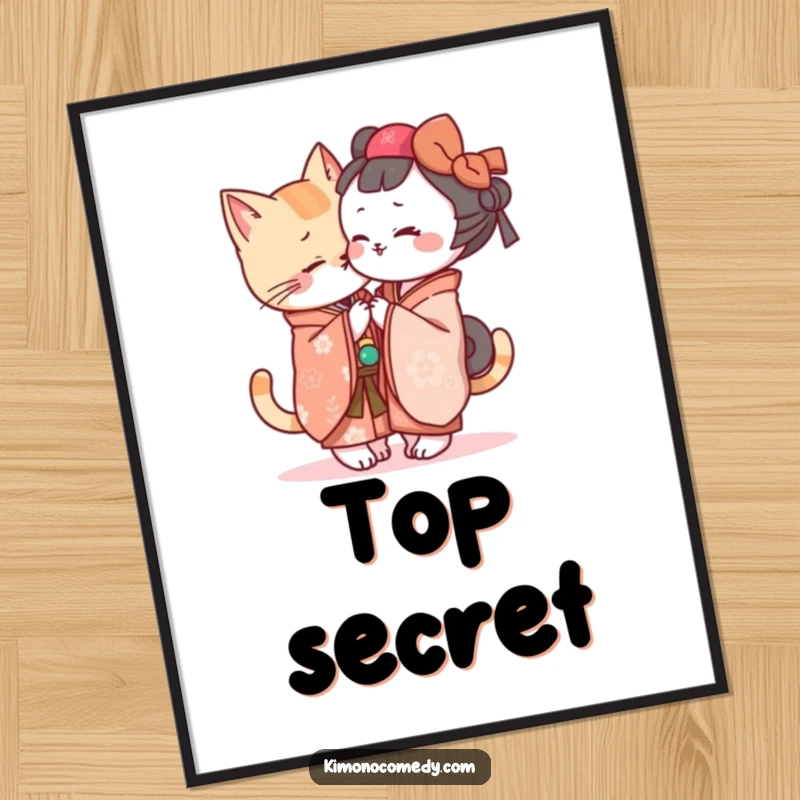 Funny Kawaii cat in a kimono whispering secrets, high-resolution digital art print, perfect for instant humorous wall decor.