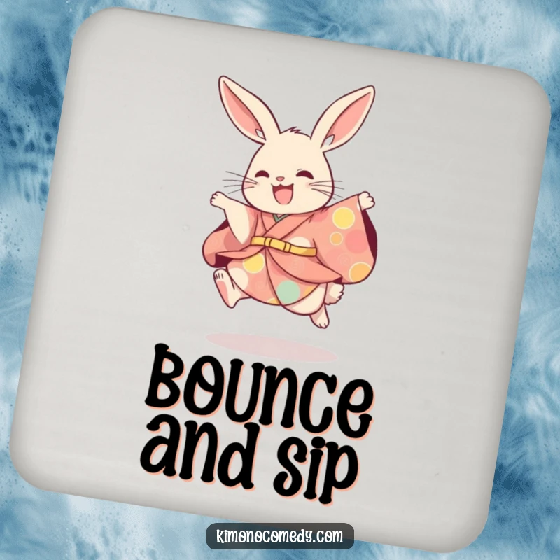 Funny rabbit in a vibrant kimono, executing a playful leap. A protective and humorous drink coaster.