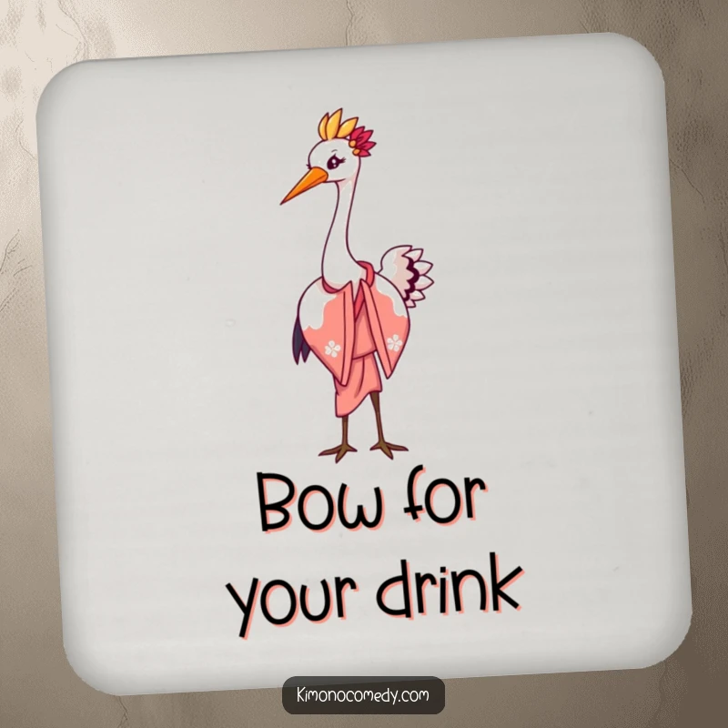 Funny drink coaster featuring a graceful kawaii crane in an elegant kimono performing a charming bow with a flourish, protecting surfaces with humor.