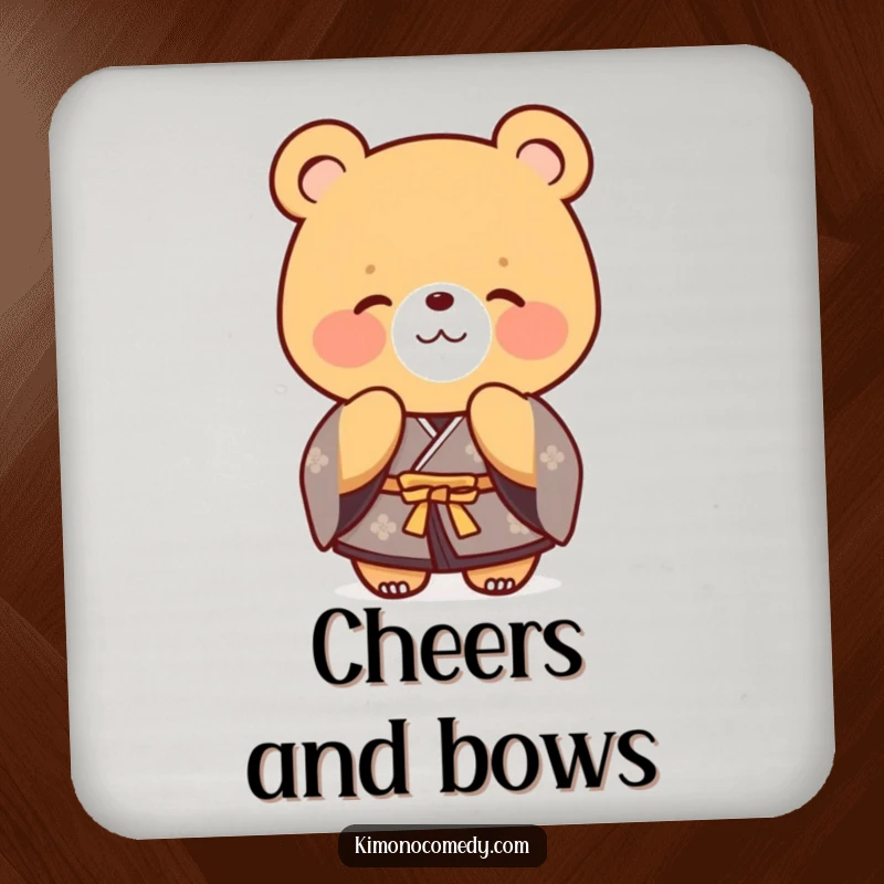 Funny bear in a formal kimono, bowing politely with a gentle smile. A protective and charming drink coaster.