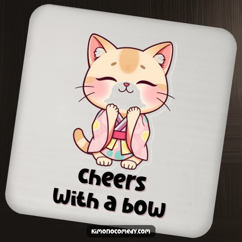 Funny cat kimono coasters featuring a cute kawaii cat in a kimono, bowing deeply with a smile, protecting surfaces elegantly.