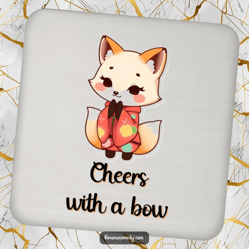 Funny Kawaii fox in a colorful kimono, bowing with a smile, displayed on this durable coaster for a touch of humor.