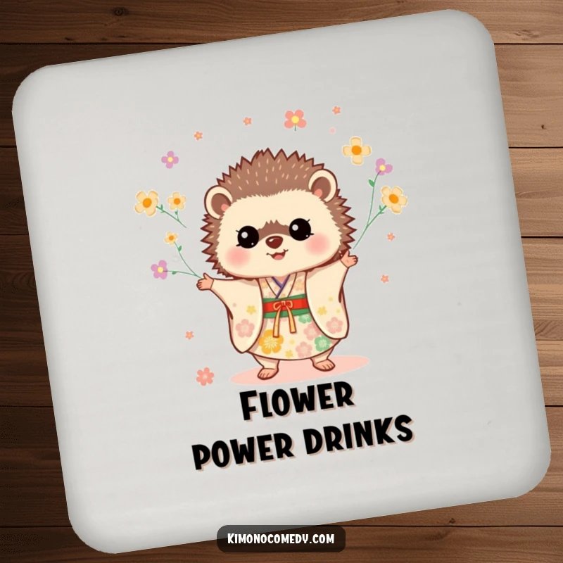 Funny Hedgehog Kimono Coasters featuring a cute hedgehog juggling flowers in a festive kimono, perfect for home decor.