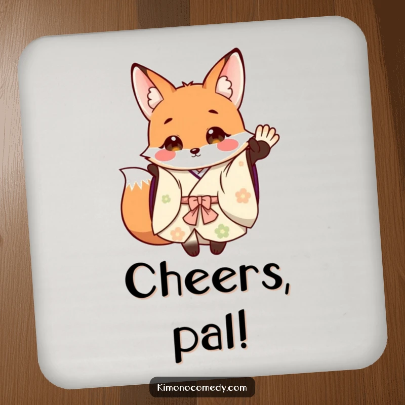 Funny Coasters: A happy fox in a flowing kimono waves cheerfully, protecting surfaces with woodland charm and a touch of humor.