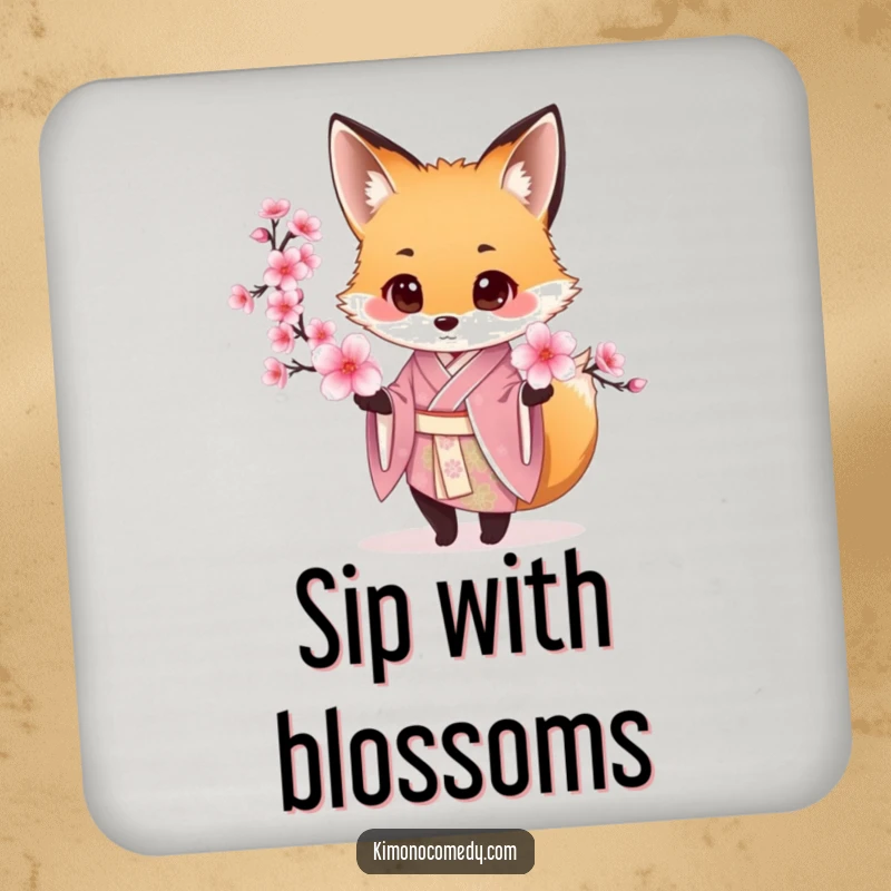 Funny Fox Kimono Coasters featuring a fox in a silk kimono offering a cherry blossom, perfect for home decor.