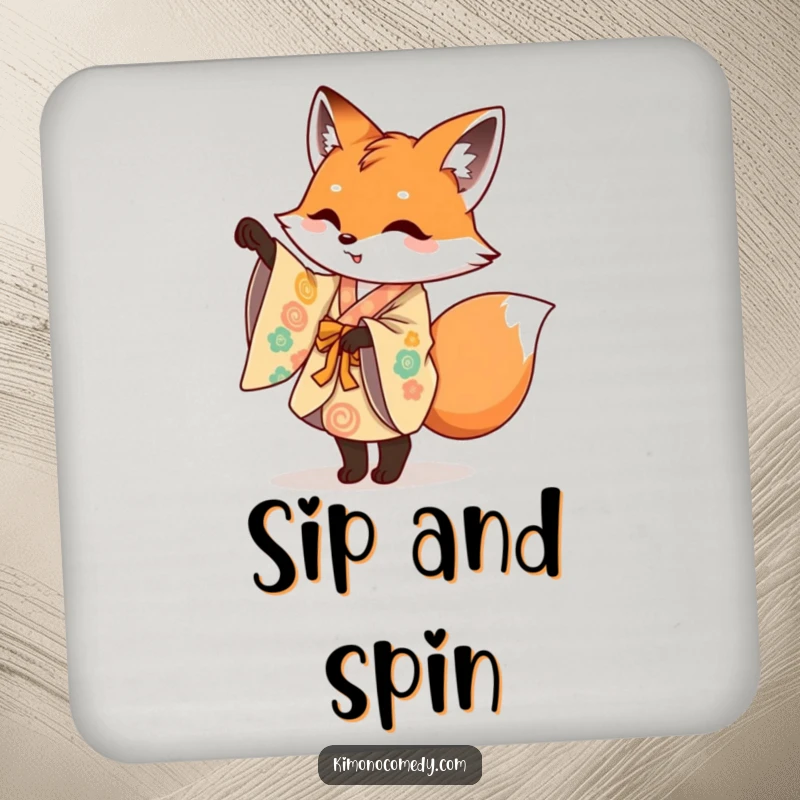 Funny drink coaster featuring a mischievous fox in a colorful kimono doing a playful pirouette, adding artistic humor to tabletops.